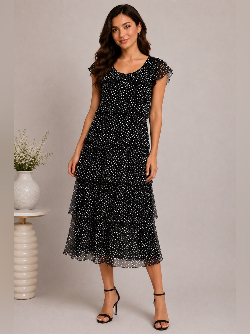 New Style & Co. Black Polka Dot Tiered Mesh Midi Dress Size 8 Sheer Overlay
